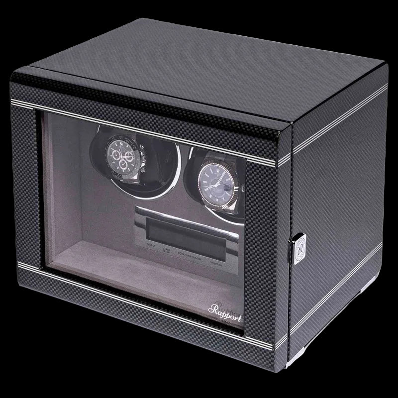 Black watch winder with two watches inside on a white background